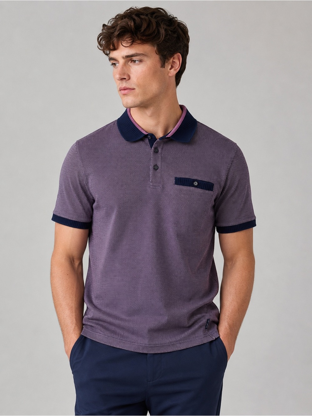 Ted Baker Designer Casual Cotton Knit Polo, Purple & Navy Ribbed Trim sz. 3